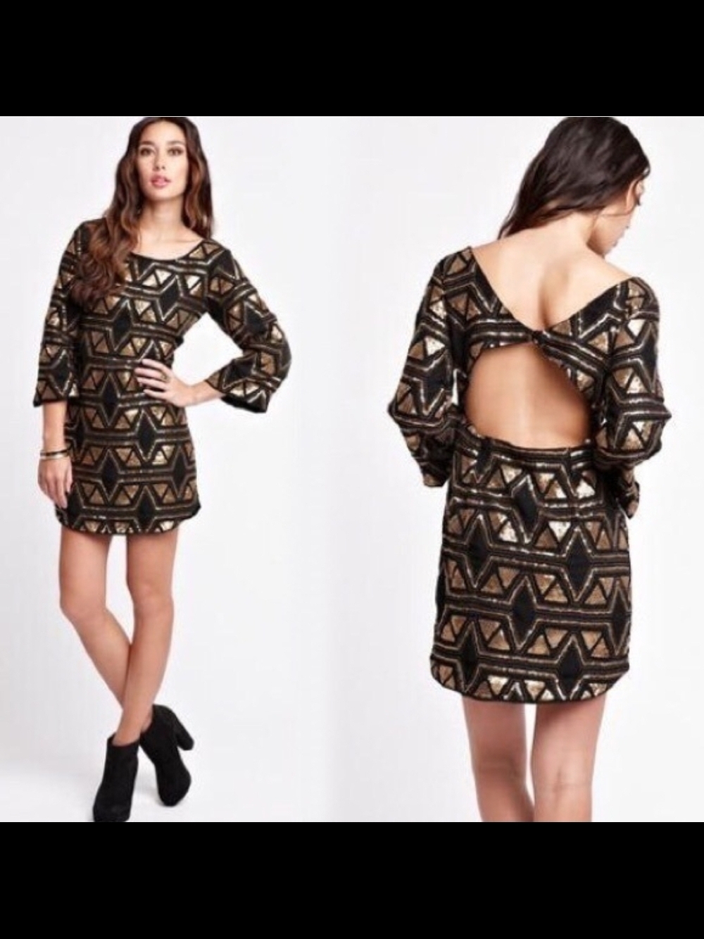 Billabong Black and Gold Sequin Geo Open-Back Mini Dress